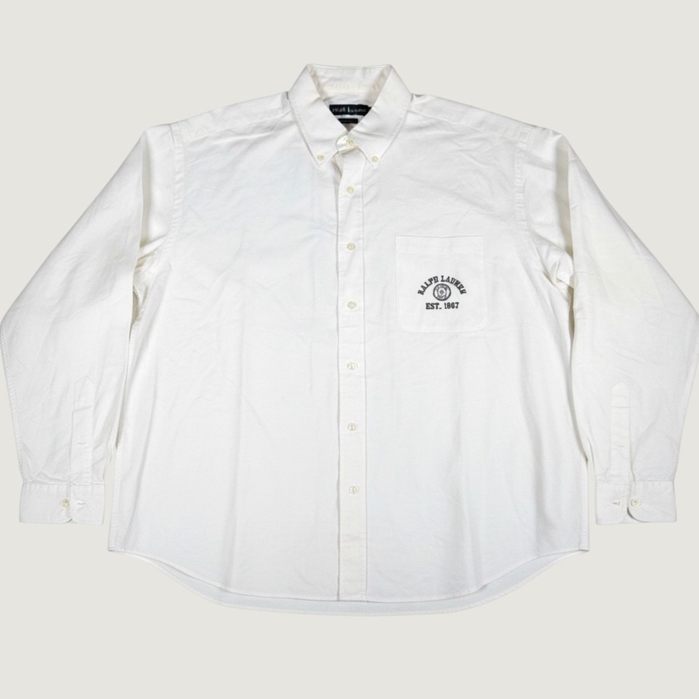VTG Ralph Lauren Sport Mens XL White Cotton Oxford Button Down Crest Logo Shirt